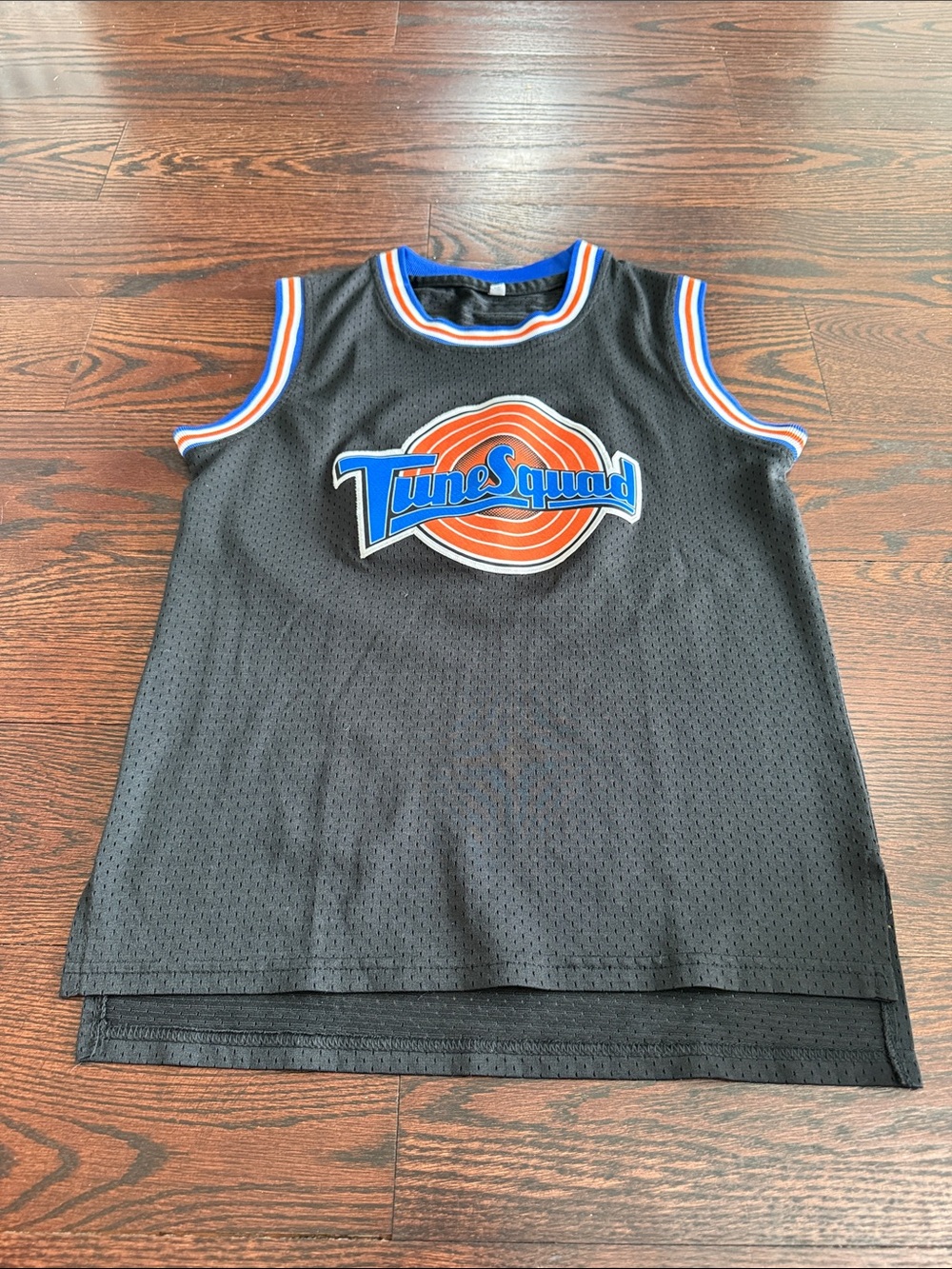 Black Mesh Kids Basketball Jersey with Blue & Orange Trim